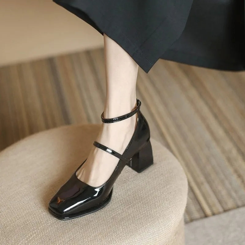 Leather Mary Jane Pumps Buckle Strap Shallow Square Toe High Heel Women