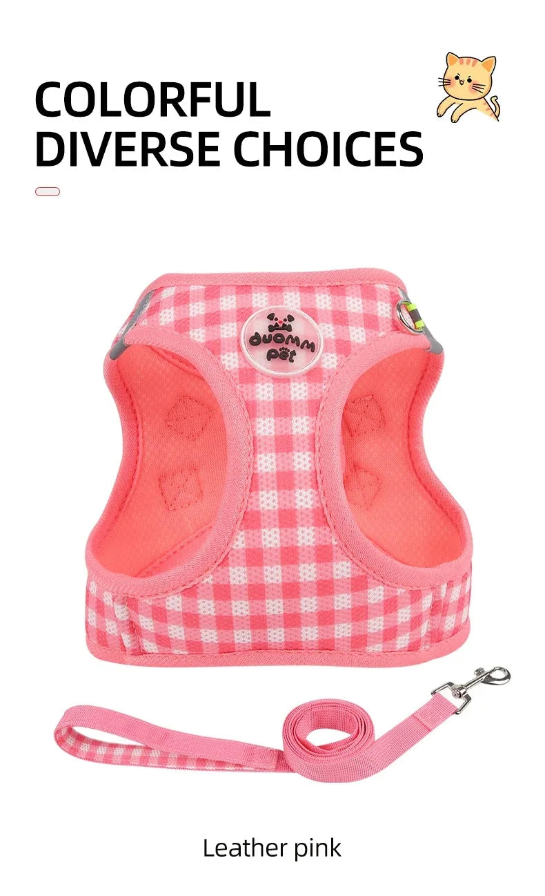 Checkered Pet Harness Kitten Strap Eye Catching Color Puppy Anti Loss Strap Outdoor Breathable Adjustable Reflective Chest Strap