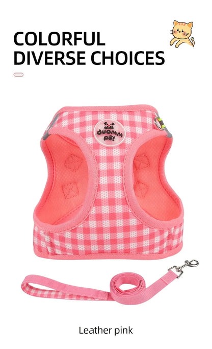 Checkered Pet Harness and Leash Set Breathable Nylon Reflective