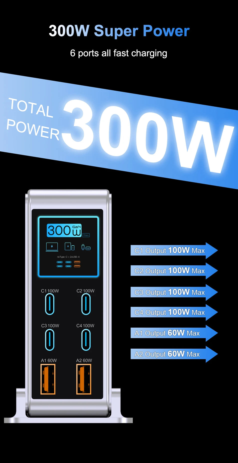 Ubigbuy 300W GaN Charger PPS PD 100W USB Type C 6-Port Digital Display Desktop Fast Charging Station for MacBook iPhone Samsung