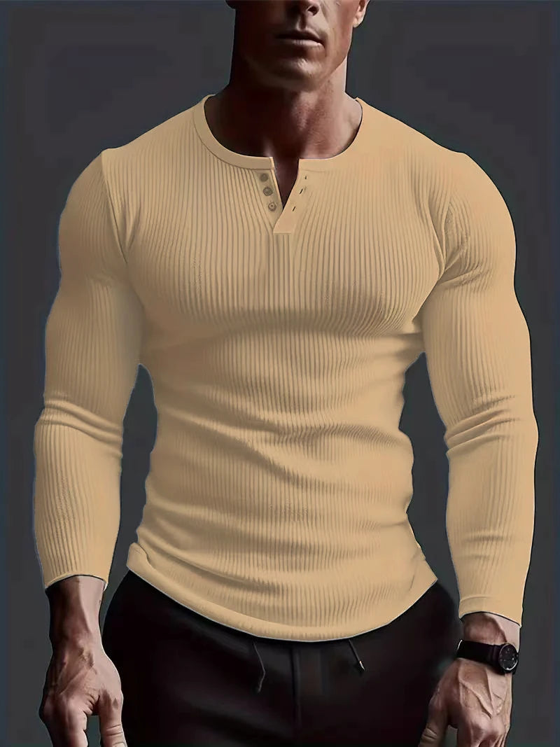 Autumn Men's Collarless Breasted Henry Shirt Top Fitness High Stretch Base Shirt Solid Color Plus Size Casual Long Sleeve