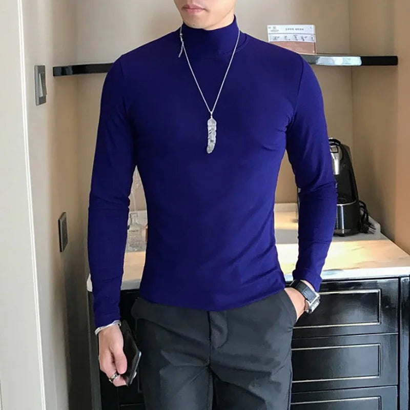 Spring New Men's Turtleneck T-shirt Long Sleeve Slim Fit Solid Color High Elastic Bottoming Pullovers Basic Style Male Tops