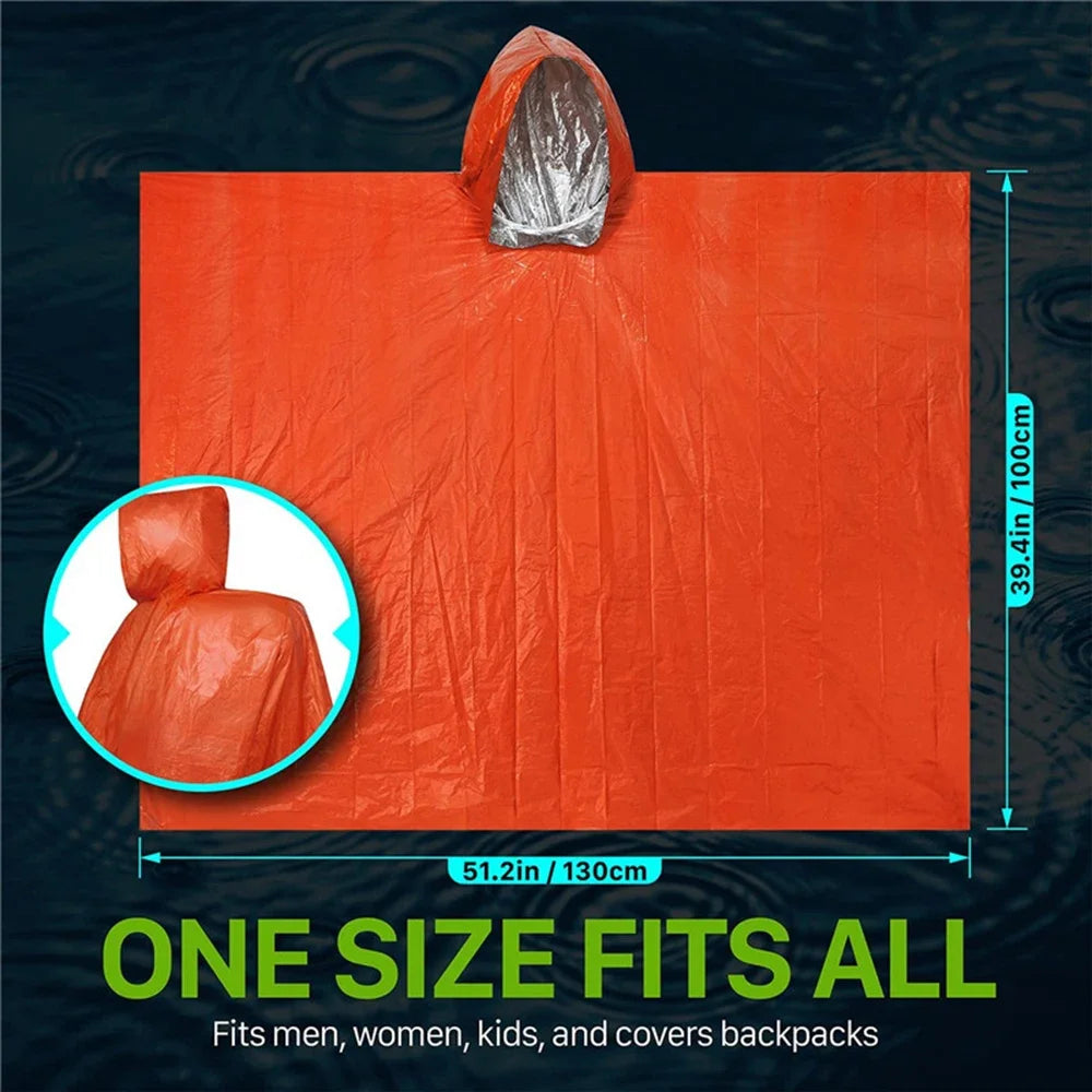 Emergency Rain Poncho With Thermal Blanket Waterproof 100x130cm Orange and Green