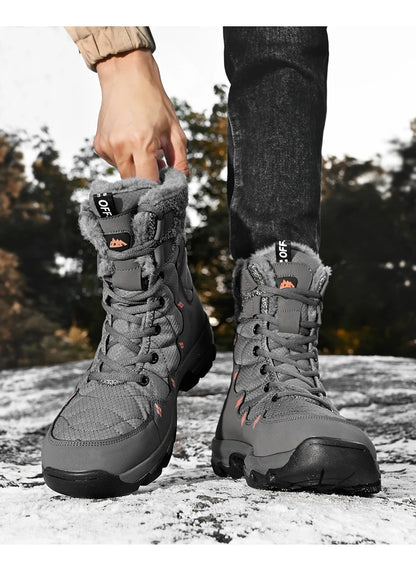 Men's Winter Snow Boots Leather Waterproof Mid-Calf Plush Lining Lace-Up
