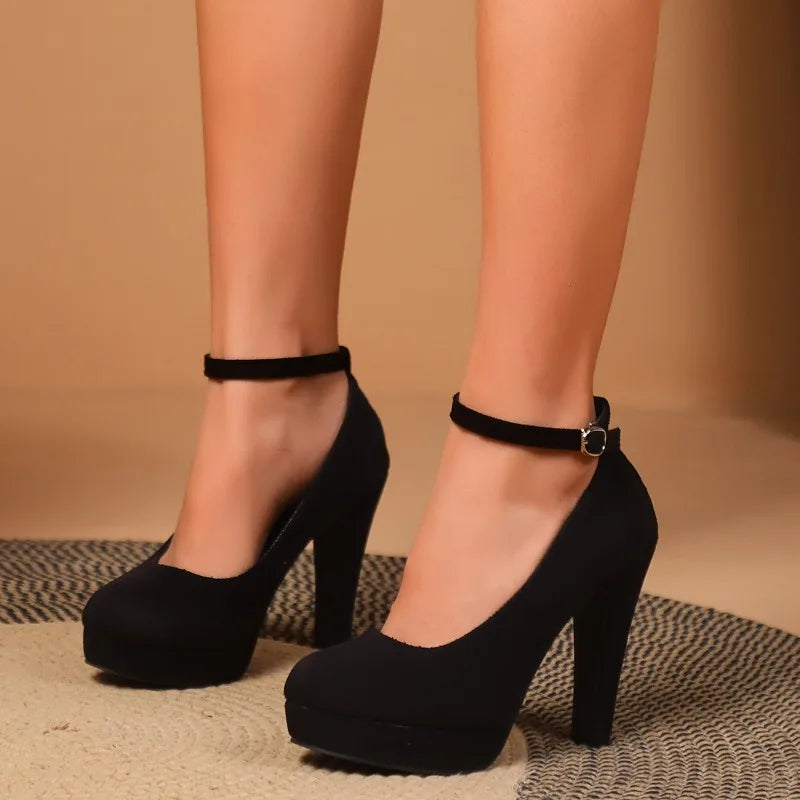 Platform Pumps Size 42 Black PU Ankle Buckle Shoes