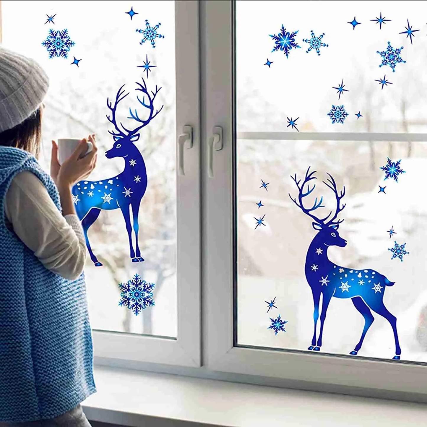 Holiday Window Clings – Blue Snowflake & Elk Christmas Static Stickers for Festive Wall & Glass Decor