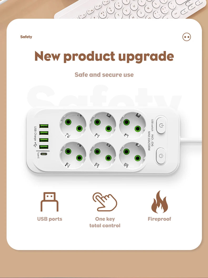 EU Plug Power Strip 6 AC Outlet Multitap Extension With 5 USB Ports 3m Cord Electrical Socket 2500W Fast Charge Surge Protector