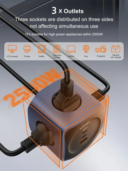 3-Outlet Cube Power Strip 2m Cord 65W Surge Protector USB UK US EU Plugs