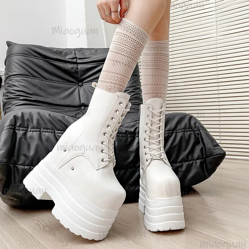 Height Increasing Women's High Boots Black Leather Thick Bottom Platform Shoes Side Zip Gothic Punk Short Boots Street Style