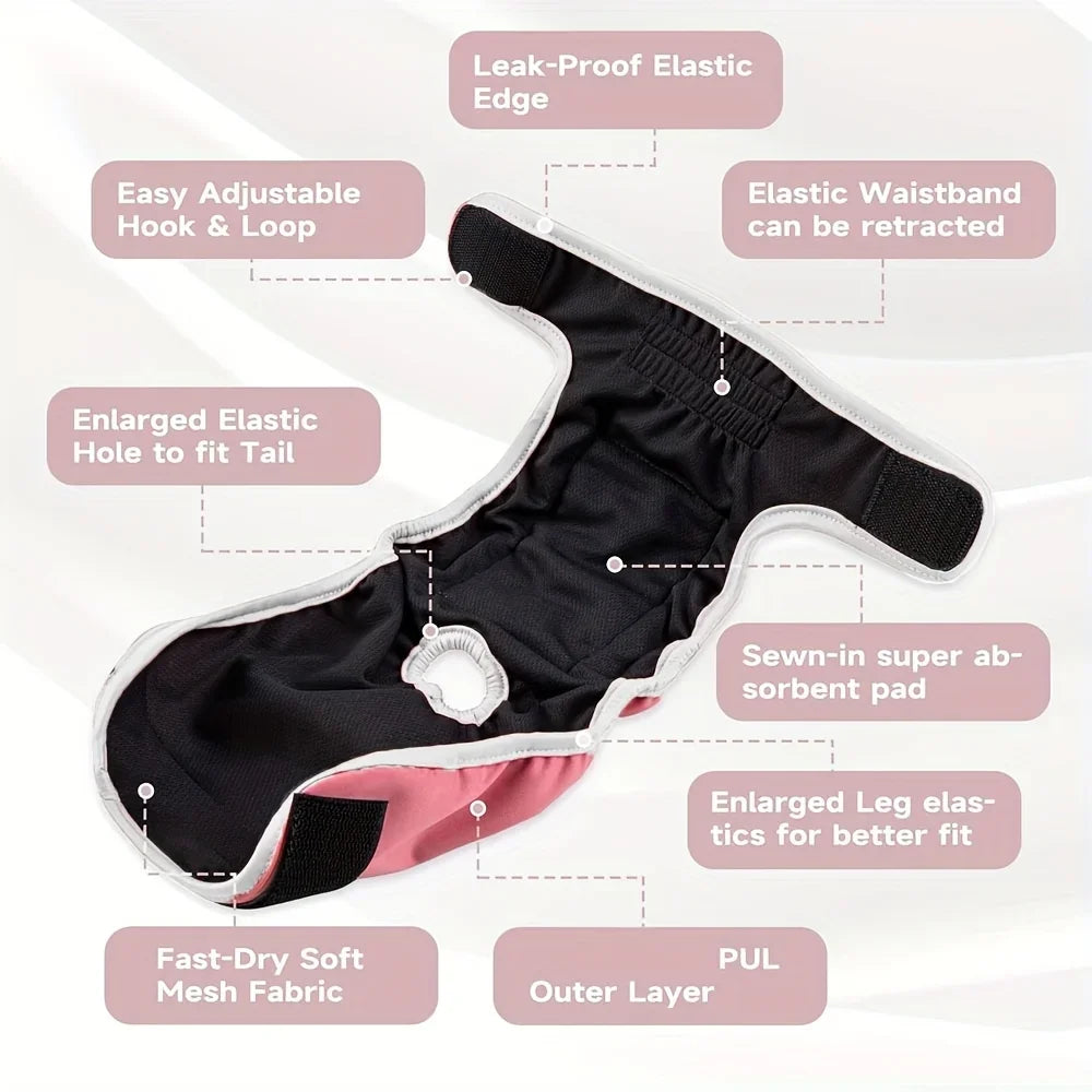 Soft Pet Washable Reusable Dog Period Heat Pants - Highly Absorbent, Adjustable Snaps for Female/Girl Dogs