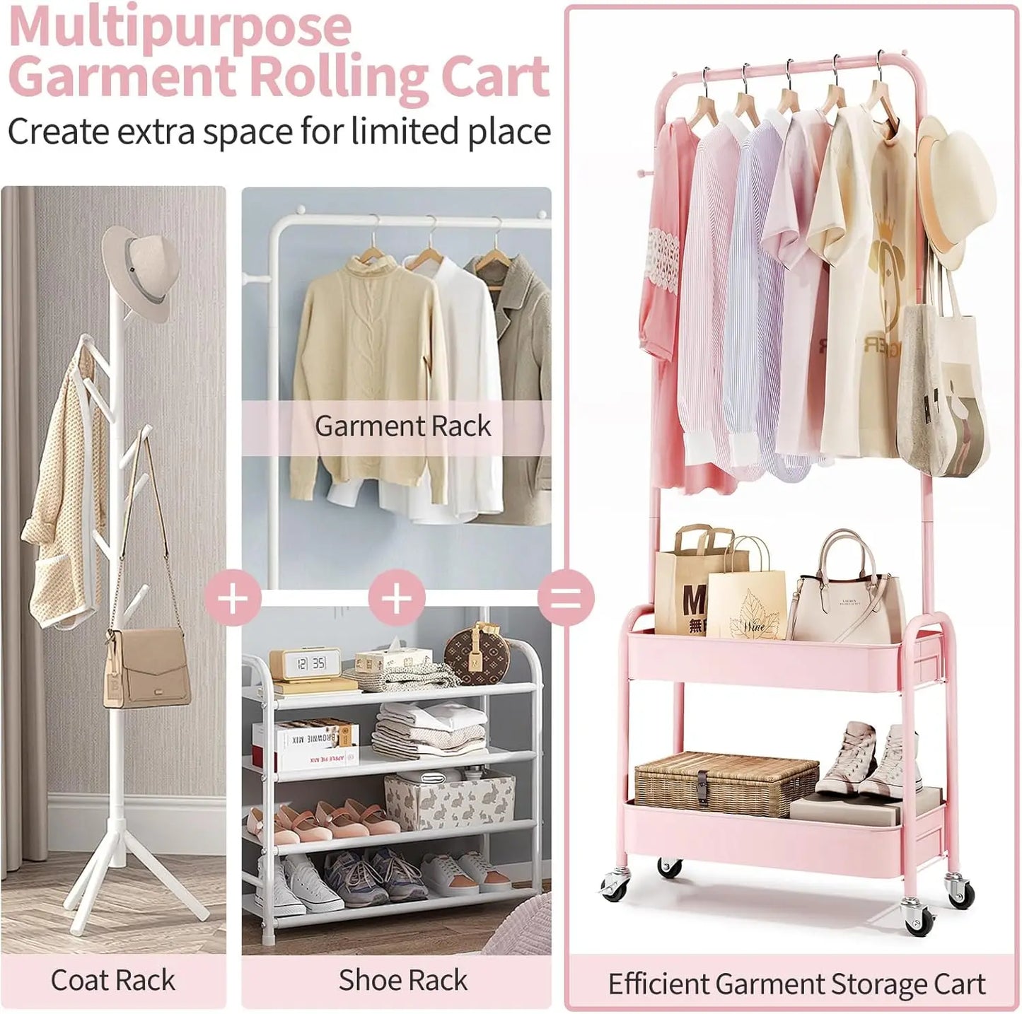 Kids Rolling Clothes Rack with Wheels and Baskets, Pink Storage Organizer for Children's Bedroom