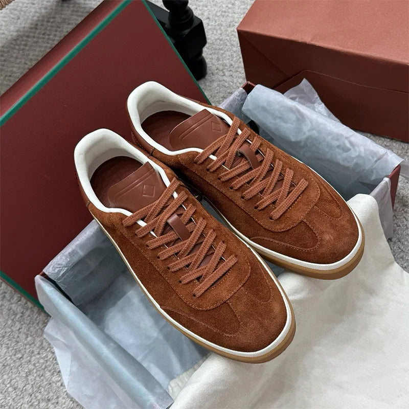 Men's Genuine Leather Lace Up Round Toe Trainer Shoes White