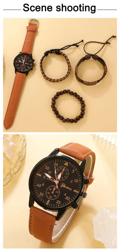 Elegant Leather Watch & Bracelet Set for Men – Fashion Quartz Wristwatch