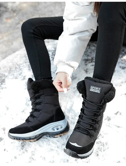Women's Ankle Snow Boots With Fur Lining PU Waterproof Lace Up Winter