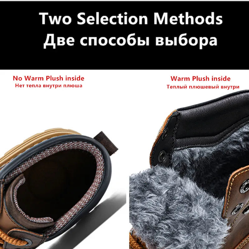 Men's Winter Snow Boots Leather Plush Lining Ankle High Lace Up