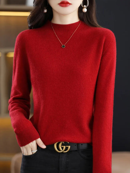 Women Mock Neck Knit Pullover Sweater Solid Cotton Acetate Autumn Winter