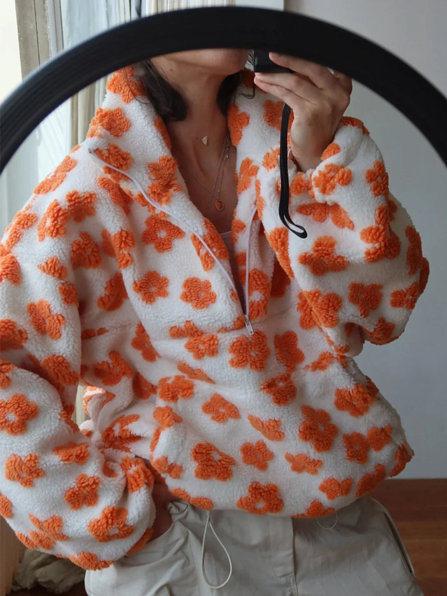 Blubelle New Autumn Winter Women's Sherpa Floral Pullover Hoodies Half Zip Style Loose Fit Warm Stylish Sweatshirt