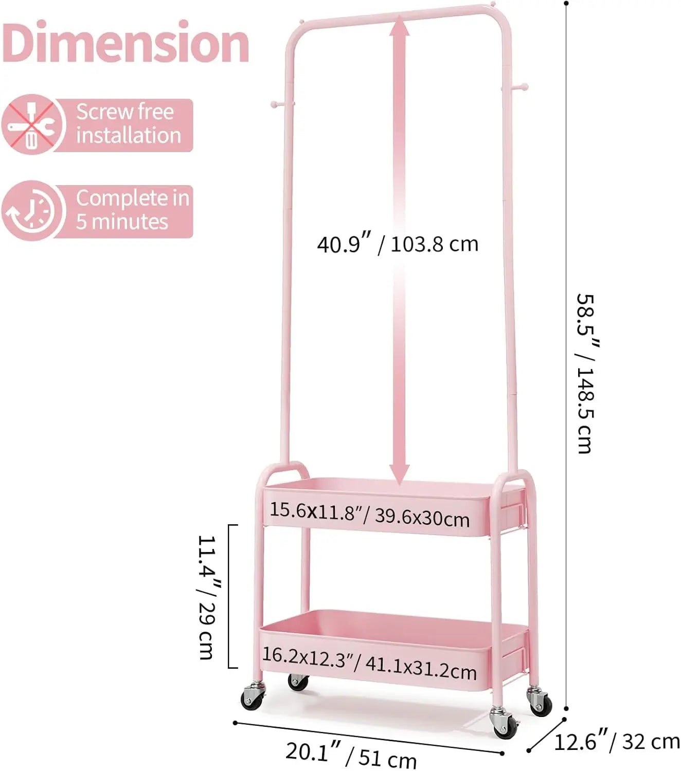 Kids Rolling Clothes Rack with Wheels and Baskets, Pink Storage Organizer for Children's Bedroom