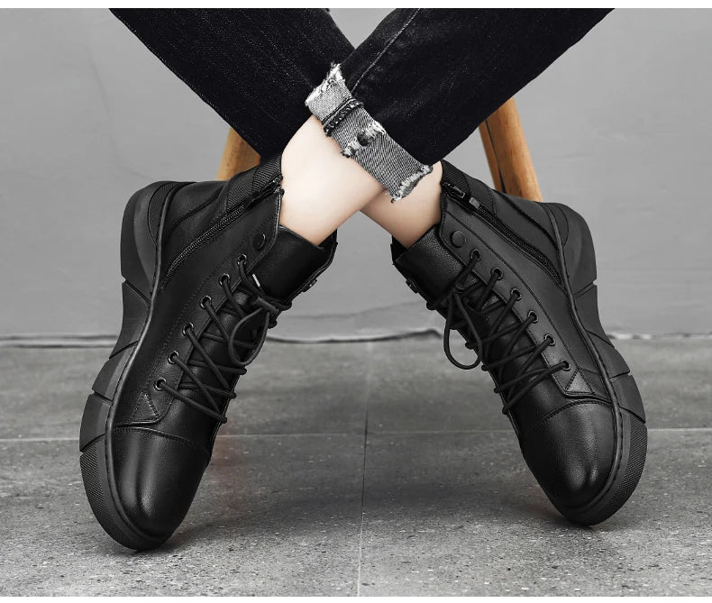 Brown Leather Mens Ankle Boots Lace Up Platform Outdoor