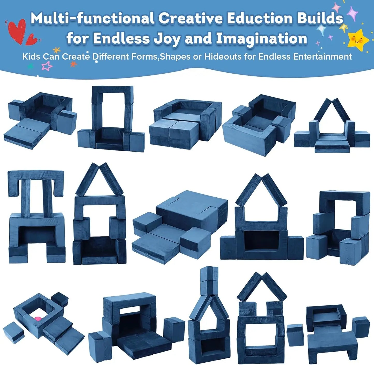 7-Piece Modular Kids Sofa Set, Convertible Toddler Play Couch for Creative Fun and Comfortable Sleeping, Blue