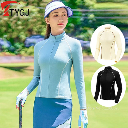 TTYGJ Slim Long Sleeve Golf Base Shirt Women Zipper Neck Warm Velvet Tops Autumn Winter Windproof Thicken Leisure Golf Blouse