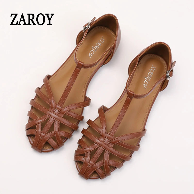 ZAROY Summer Cross Strap Flat Sandals Women Round Toe Ankle Buckle Hollow Casual Roman Sandalia Zapatos De Mujer сандали
