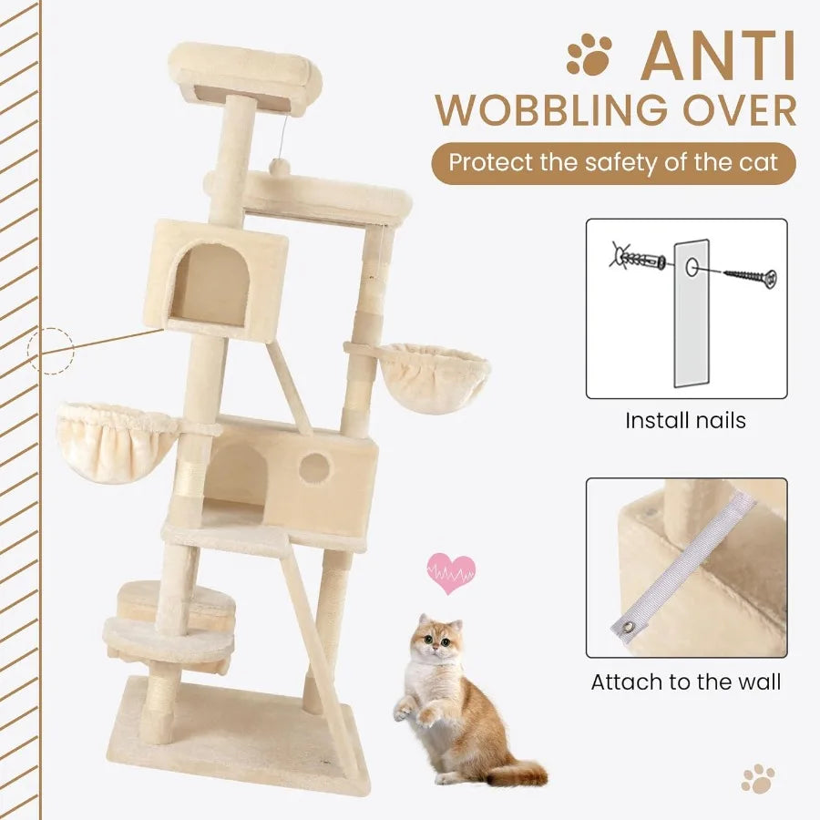 65in Larger Cat Tree Tower Condo for Indoor Kitties/Multi-Level Furniture Activity Center with Wide Base/Cozy Plush Cat Perches