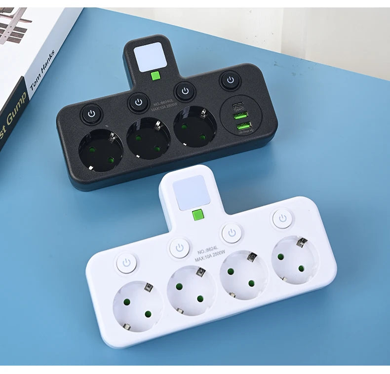 EU Plug Power Strip 4 AC Outlets 2 USB 1 Type-C Ports Two specifications Independent switch with small night light