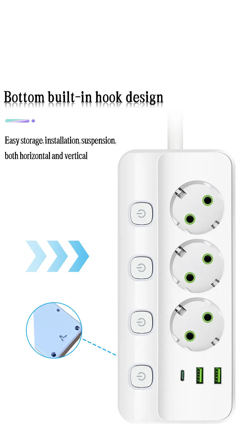 EU Plug Electrical Socket with 3/5 AC Outlets 2 USB Ports + 1 Type C 6/8-in-1 Plug Socket Adapter 2M Power Strip for Home Office