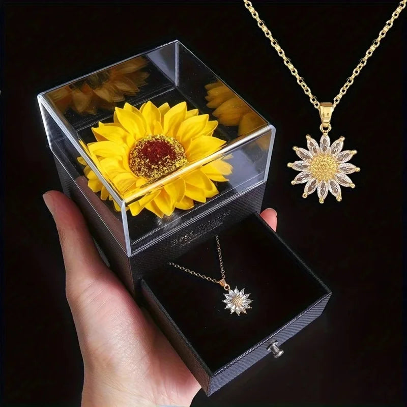 Zircon Sunflower Pendant Necklaces Female Gift Box For Girlfriend MOTHER'S Day I Love You Gifts Set Trendy Wedding Jewelry Box