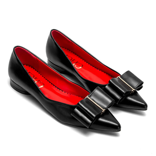 CHCH Women's Flat Shoes New Black Pointed Bow Business Shoes Comfortable Commuting Women's Shoes