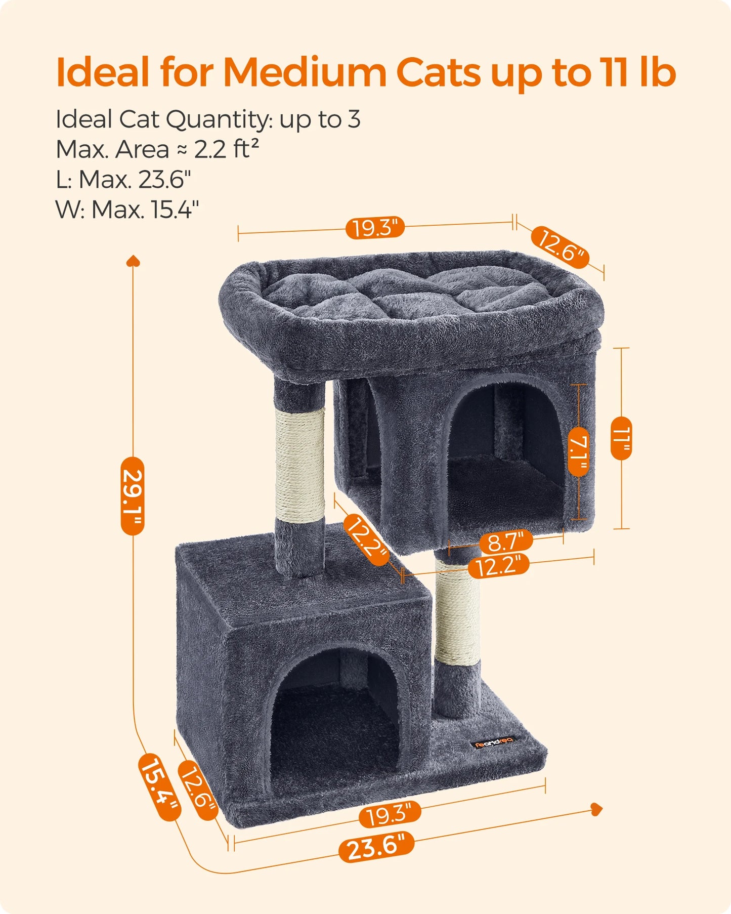Feandrea Cat Tree, 29.1-Inch Cat Tower, M, Cat Condo for Medium Cats up to 11 lb, Large Cat Perch, 2 Cat Caves, Scratching Post