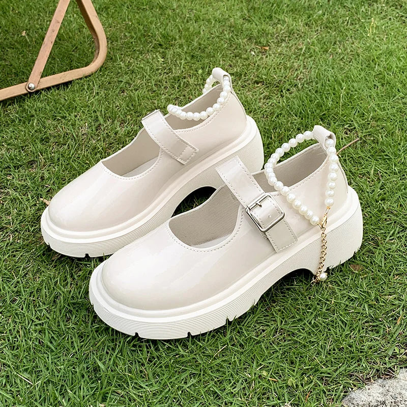 Women's Luxury Beaded Mary Jane Leather Shoes Spring/Autumn Fashion Comfortable Elegant Flat Black Walking Shoes Zapatos Mujer