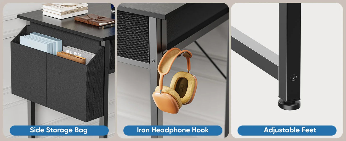 JHK 32 Inch Modern Office Computer Desk with Fabric Storage Drawers Space Side Bag Metal Frame Adjustable Feet For Home PC Table