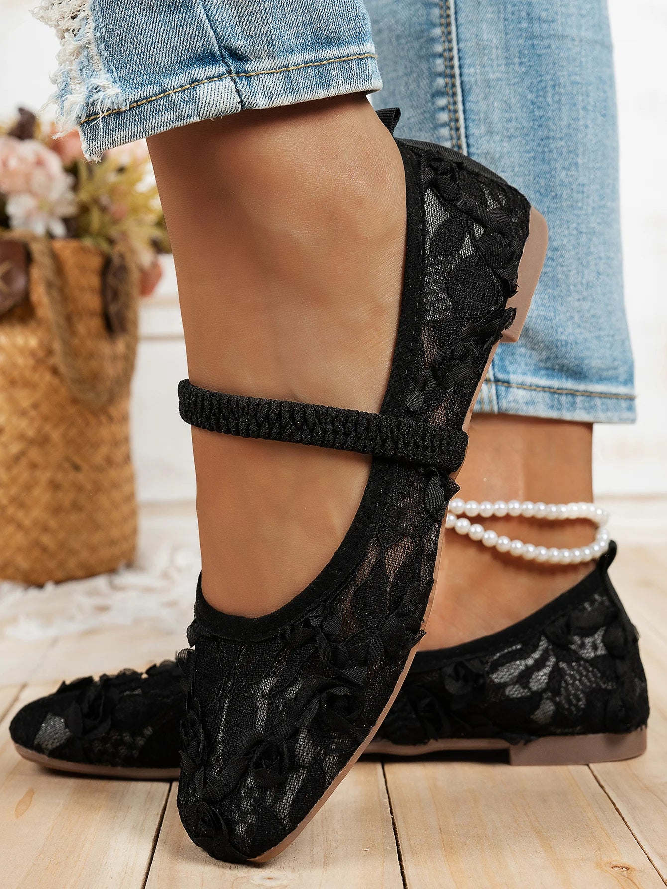 French-style Mary Jane flat shoes for women, square-toe ballet-inspired single shoes, fairy mesh shoes