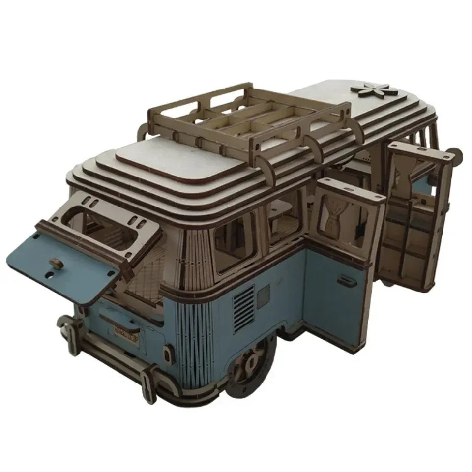 3D Wooden Car Retro Bus Europeanstyle Campervan DIY Manual Assembly Puzzle Camper Van Educational Toy for Children Christma Gift