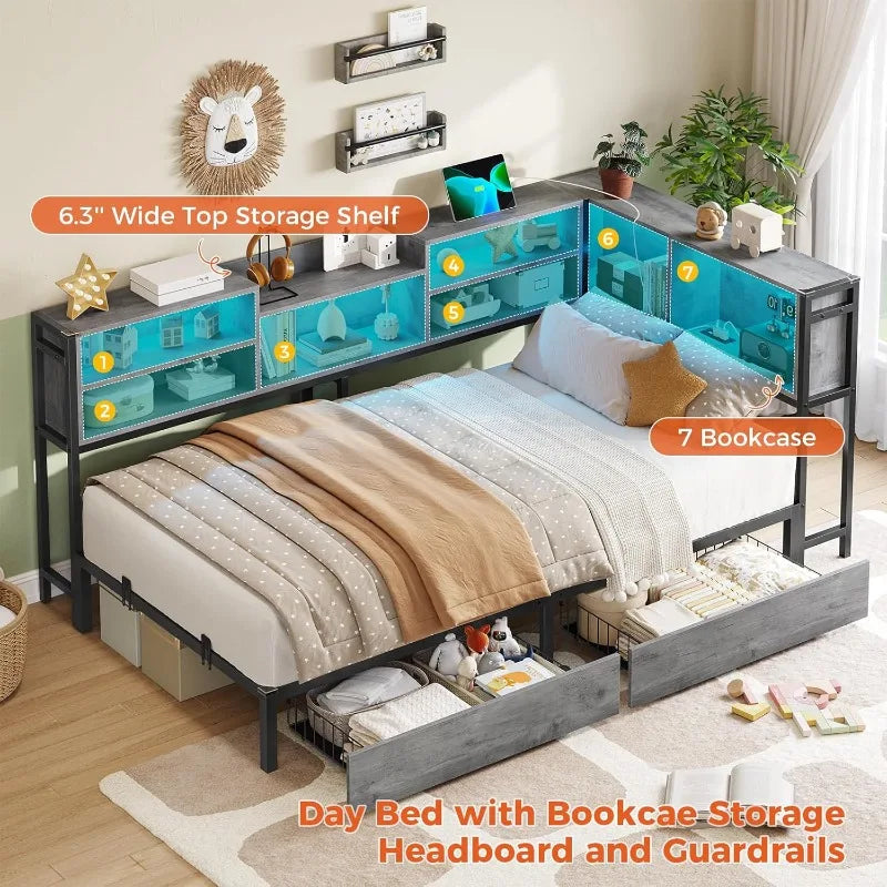 Corner Twin Bed Frame with Bookcase Storage and Led Lights Metal Platform Beds with 2 Drawers and Charging Station Twin S