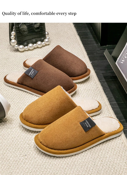 Men's Warm Plush Lined Indoor Slippers with Flat Heel