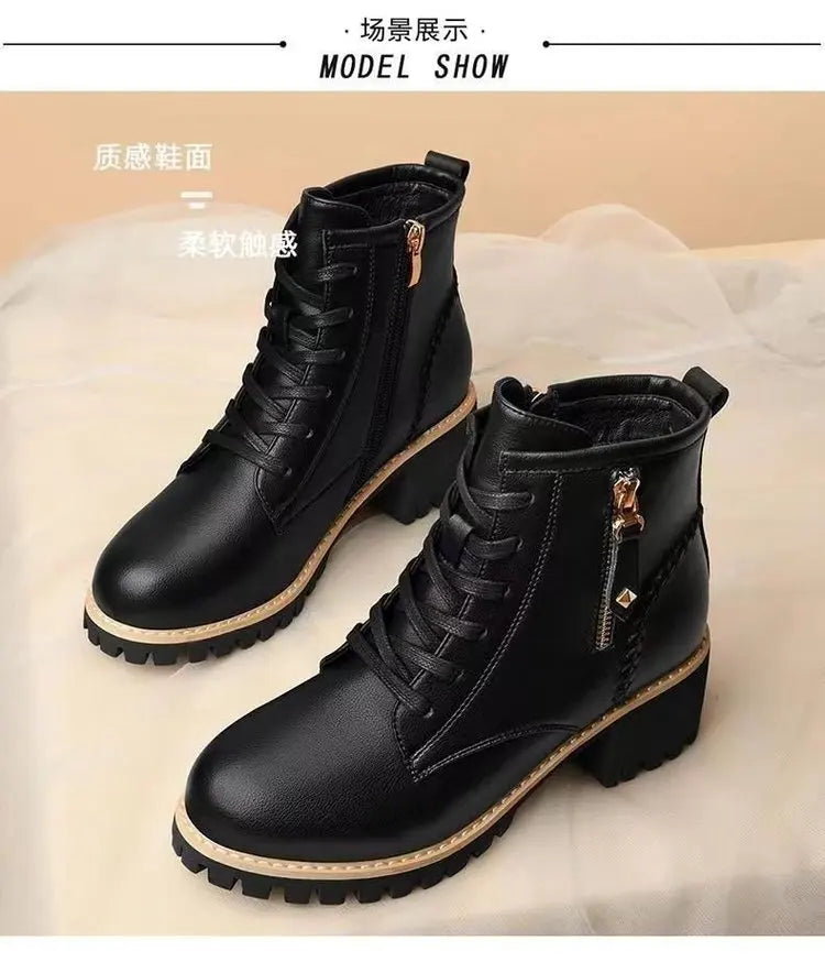 Women's Chunky Sole Ankle Boots     Lace-Up & Side-Zip Combat Boots Winter Fleece-Lined Booties Versatile Leather Boots Platfo