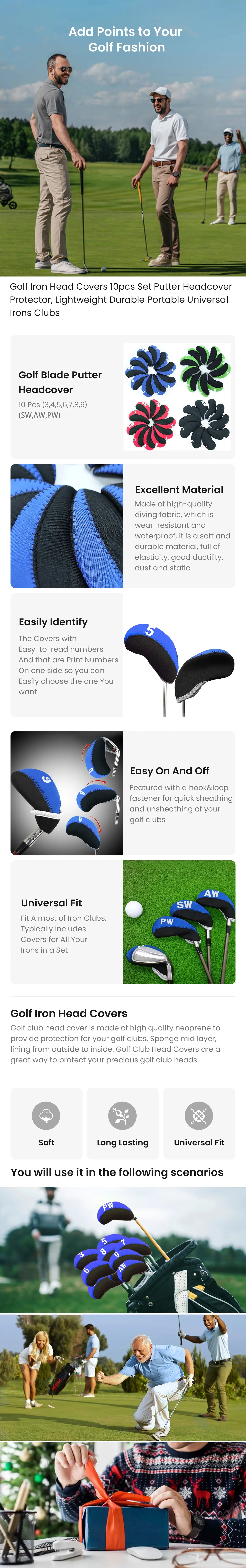 Golf Iron Head Covers 10pcs Set with Putter Protector, Lightweight & Durable for Easy Transport, Universal Fit for All Iron Club