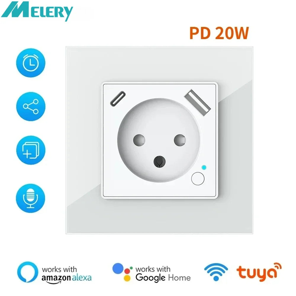 Melery Tuya WiFi Smart Israel Wall Socket EU Power Plug Outlet USB Type-C PD 20W Charge Port for Iphone Alexa Dot Google Home