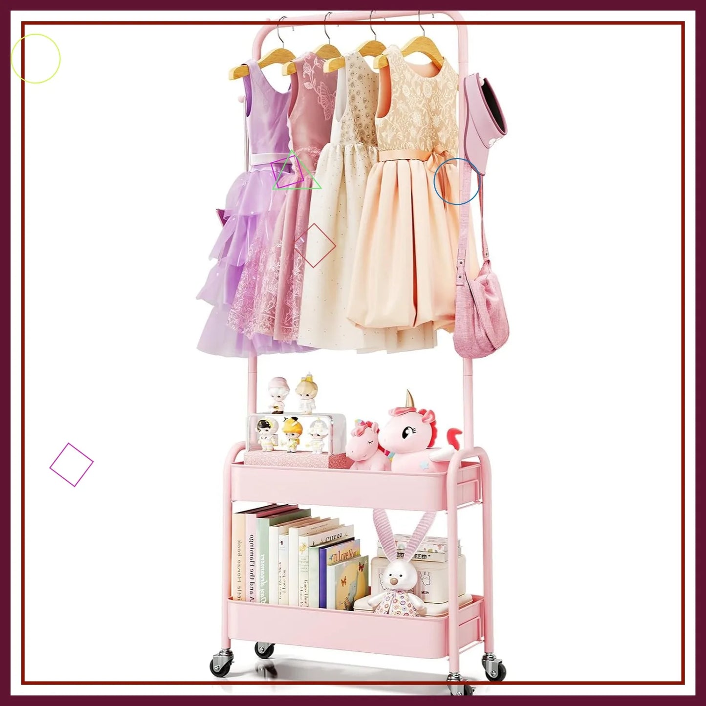 Kids Rolling Clothes Rack with Wheels and Baskets, Pink Storage Organizer for Children's Bedroom