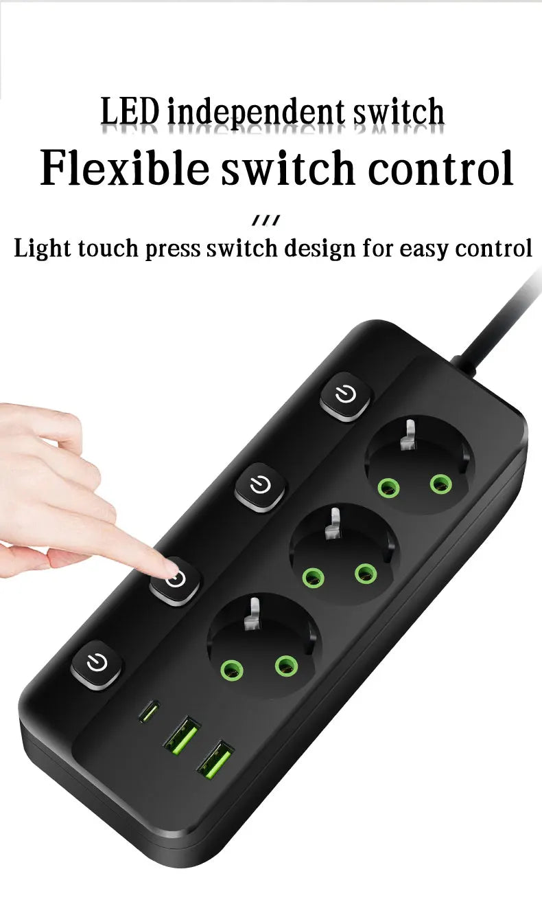 EU Plug Electrical Socket with 3/5 AC Outlets 2 USB Ports + 1 Type C 6/8-in-1 Plug Socket Adapter 2M Power Strip for Home Office