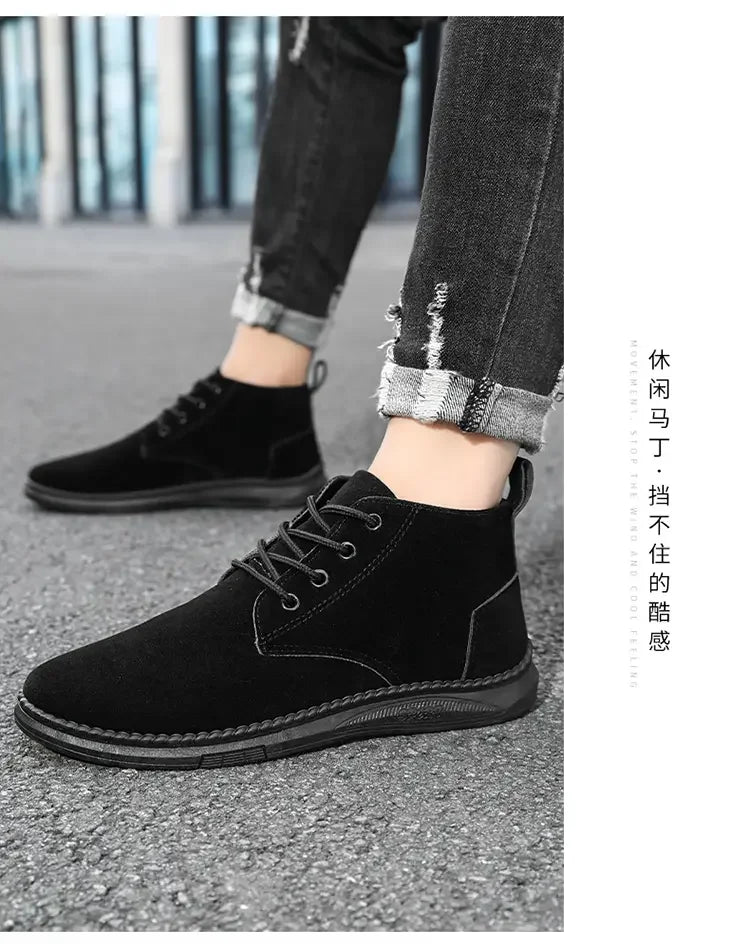 High Top Casual Board Shoes Men's Lace Up Suede Black Flat Bottom Short Boots Men's Chelsea Boots High-quality Brand Denim Boots