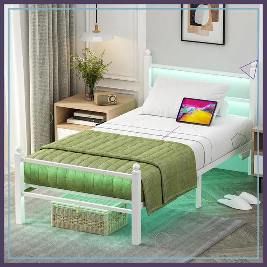 Twin Size Bed Frame with LED Lights & Charging Ports, Heavy Duty Metal Slats, Noise Free, Easy Assembly for Kids Room