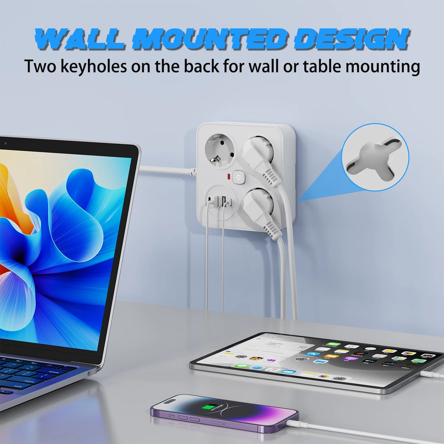 European plug extension cord power strip with 3AC+2USB-A+2USB-C with switch multi-contact socket 13A 250V 3250W surge protector