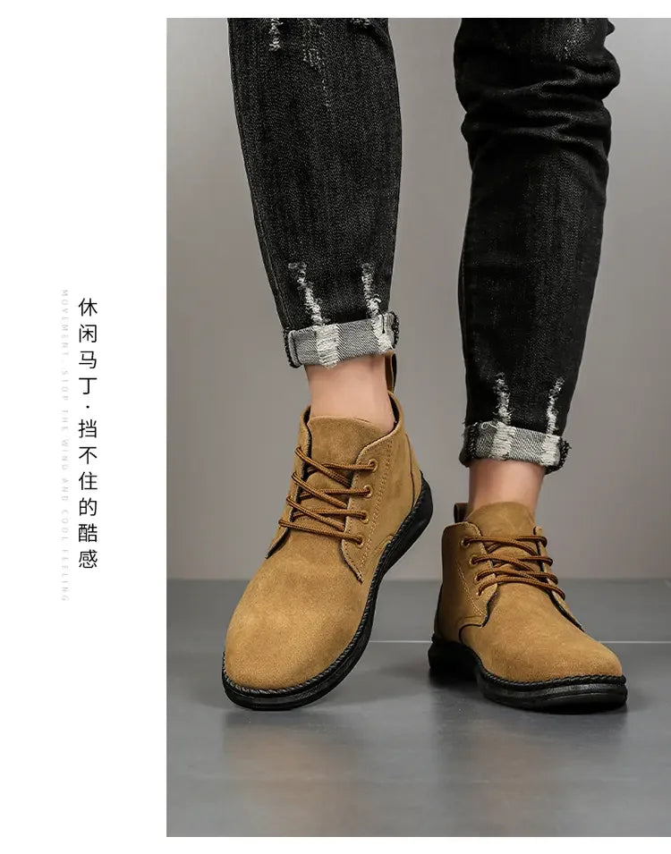 High Top Casual Board Shoes Men's Lace Up Suede Black Flat Bottom Short Boots Men's Chelsea Boots High-quality Brand Denim Boots