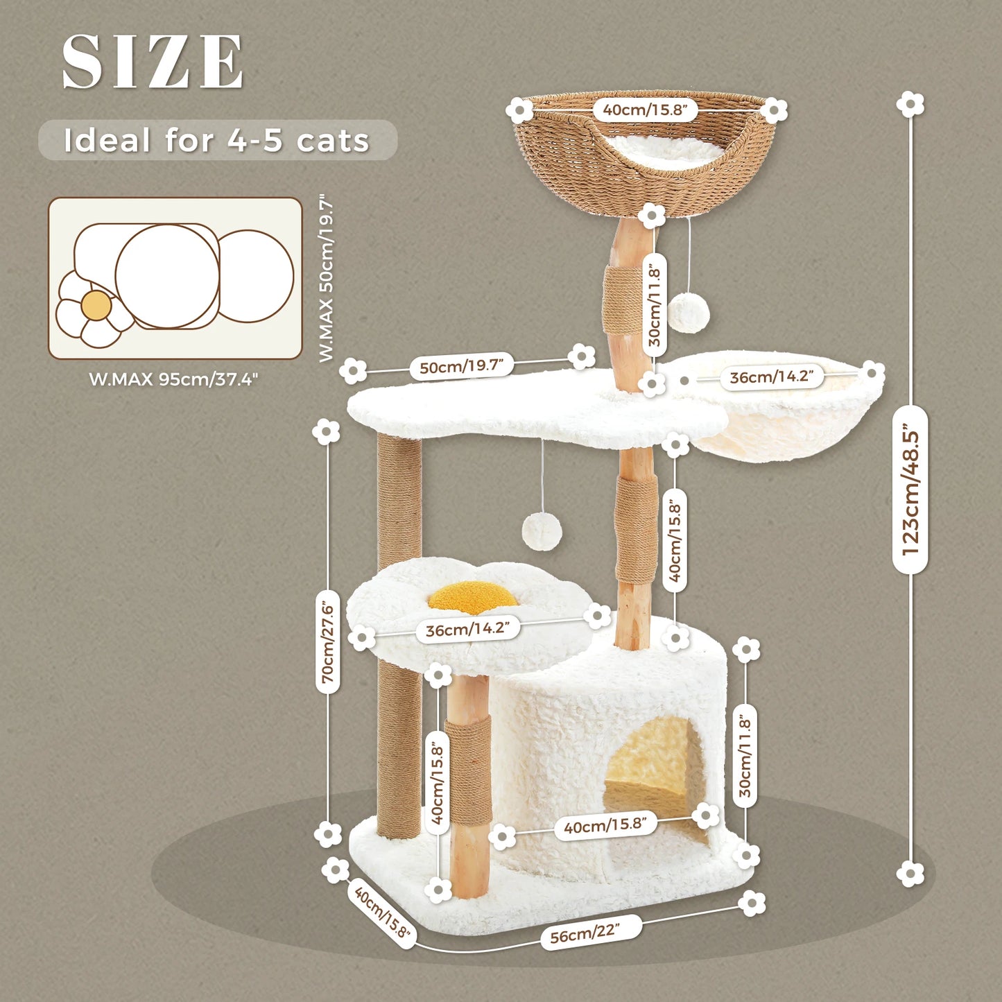 Solid Wood Cat Tree Modern Cat Tower with Spacious Cat Condo,Flower Perches,Fun Pompom,Double Comfort Perfect for Indoor Kittes
