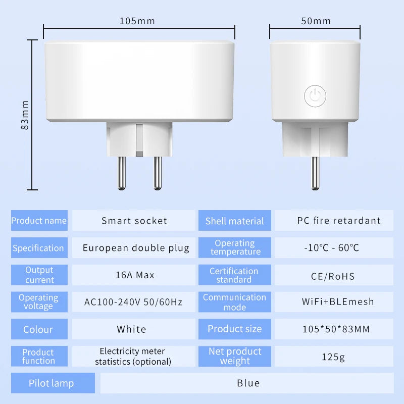 Tuya Wifi Smart Dual Plug Socket Eu 16A 20A 2 in 1 Function with Power Monitor Voice Control Smart Life Works with Alexa Google