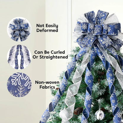 Glitter Snowflake Tree Topper Bow – Holiday Ribbon Decor